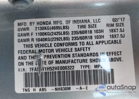 2017 Honda Cr-V Ex z USA, uszkodzony, nr VIN 7FARW1H52HE000322